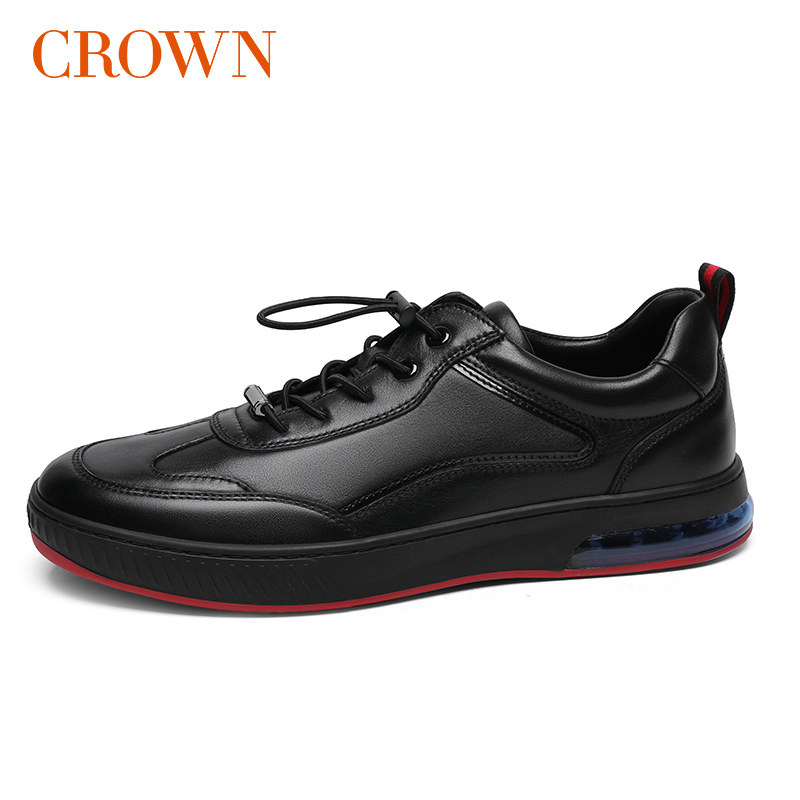 crown皇冠2020年新款松紧带真皮男鞋休闲舒适气垫时尚休闲鞋