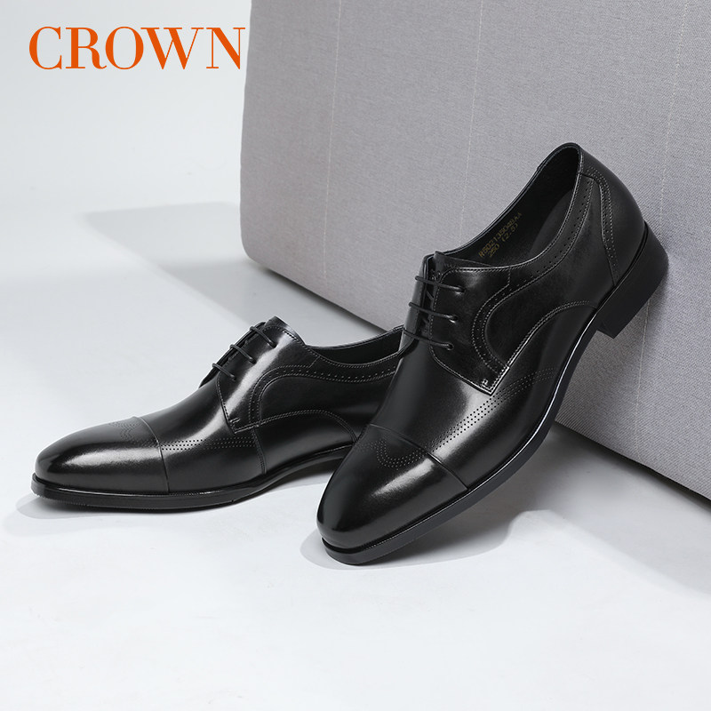 crown皇冠三接头皮鞋男士黑色商务正装真皮男鞋子新郎结婚德比鞋