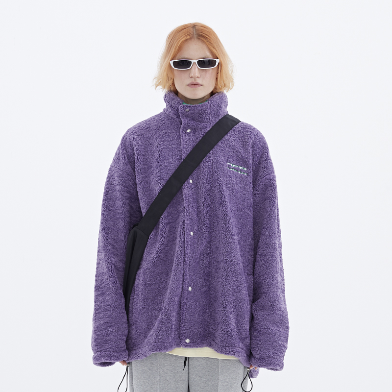 DETA秋冬新款羊羔绒立领夹克拼接休闲宽松羊羔毛外套男女同款国潮