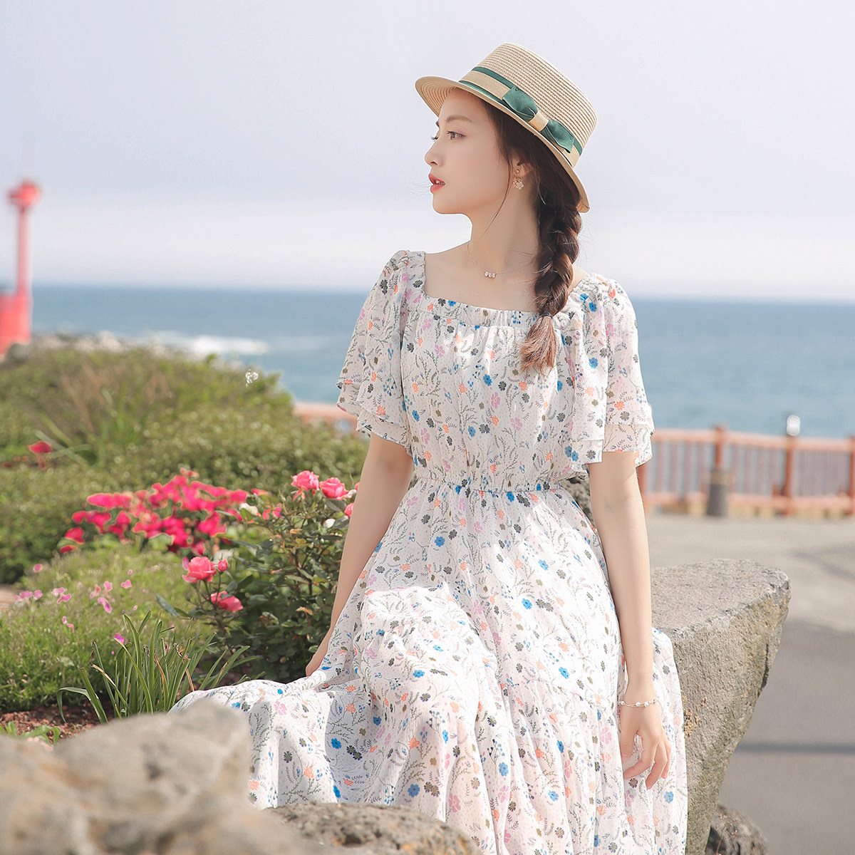 小清新喇叭袖高腰碎花雪纺连衣裙女夏2017新款长裙碎花裙