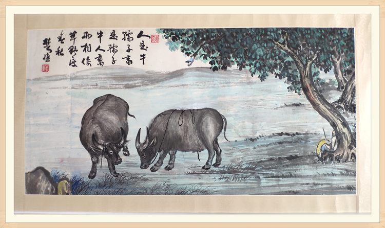 手绘国画名家真迹玄关装饰广东画家傅楚樵牧牛国画
