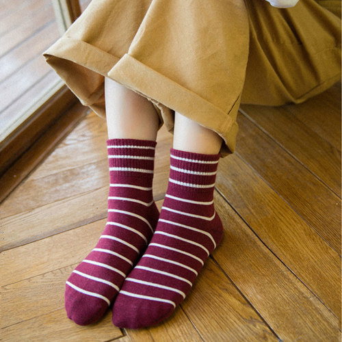 日系秋冬纯棉短袜筒袜袜子螺纹复古洋气条纹中筒袜