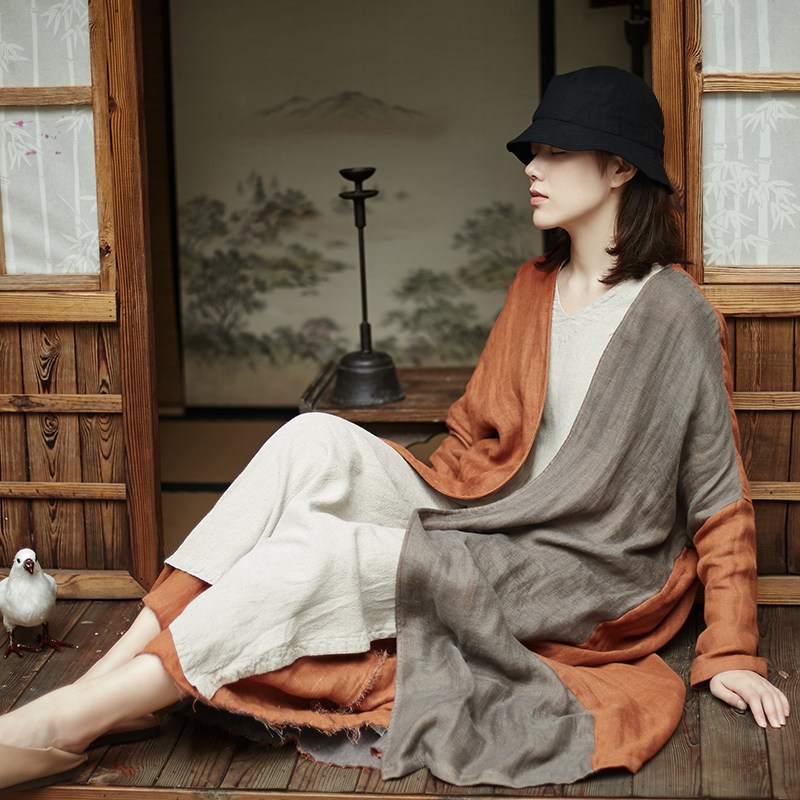 春秋长风衣女新款文艺复古超大宽松禅意长袍撞色慵懒风长款大外套