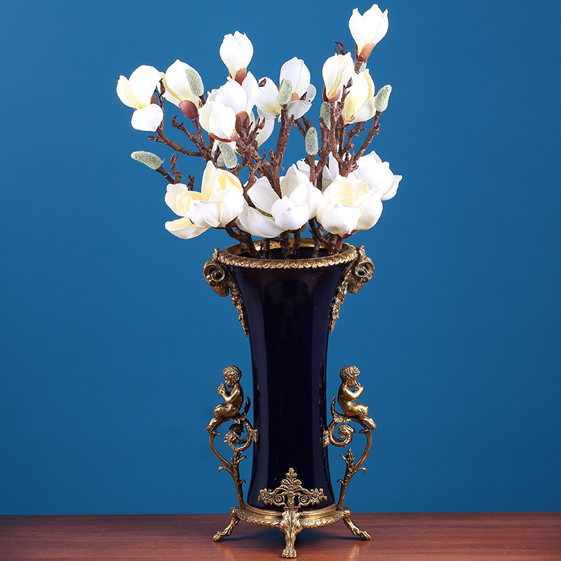 欧式风格花瓶陶瓷配铜创意摆设客厅玄关插花花瓶