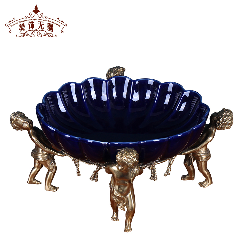 欧式陶瓷配铜水果盘客厅创意茶几摆件欧美式复古家居装饰品干果盘