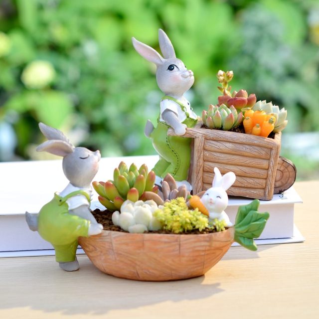 Fun play garden creative cartoon polymet bow cute rabbit flower pot meat combination pot home decoration Fun play garden creative cartoon polymet bow cute rabbit flower pot meat combination pot home decoration