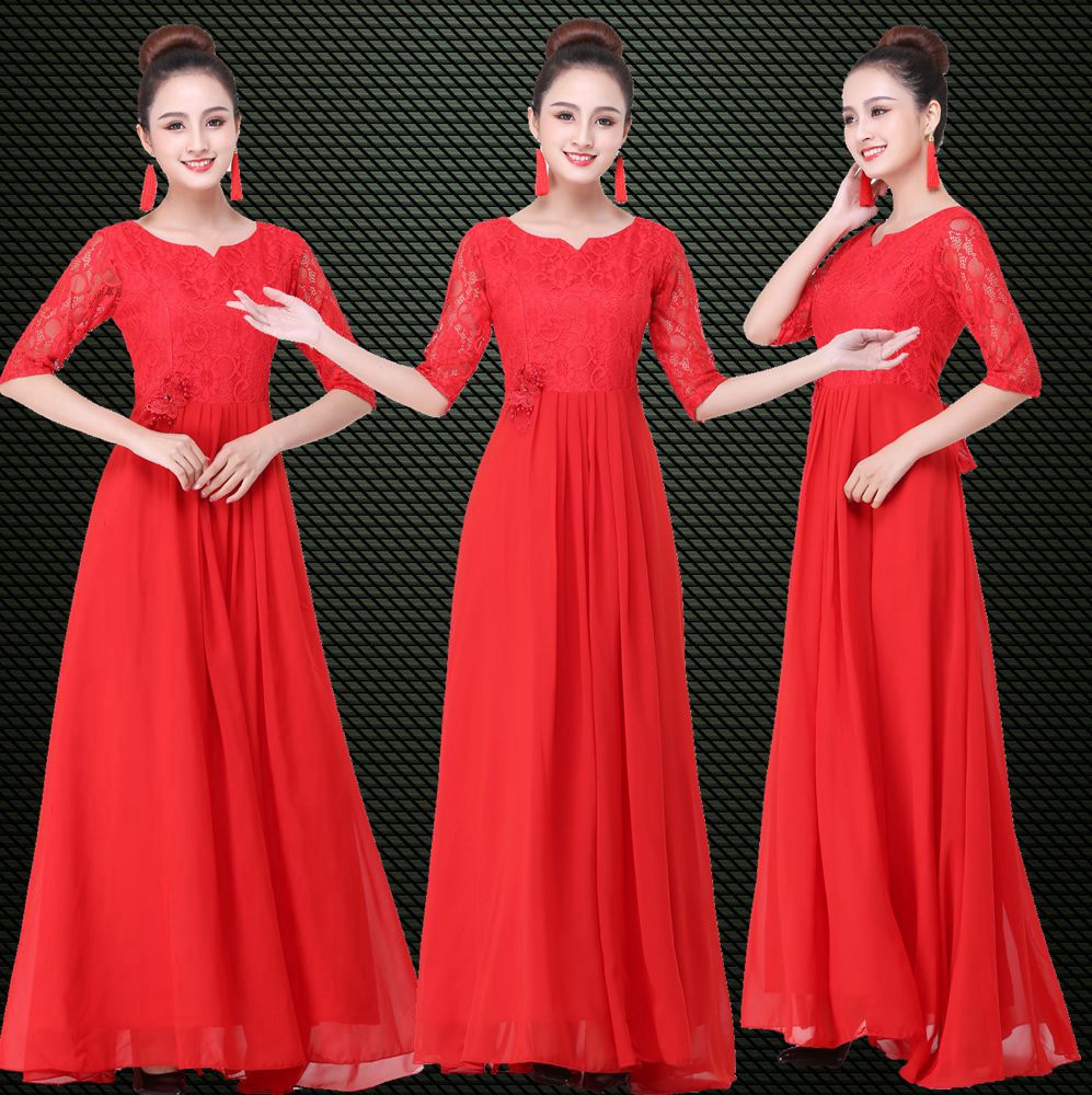 大合唱演出服长裙新款中老年舞台服装主持指挥修身民族服装