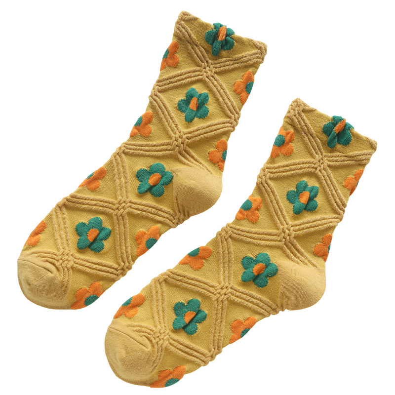 筒袜3双菱形花纹袜子女小花可爱韩国ins潮中中筒袜