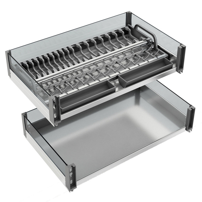 玻璃拉篮双层平篮不锈钢橱柜厨房抽屉式拉碗碟拉篮