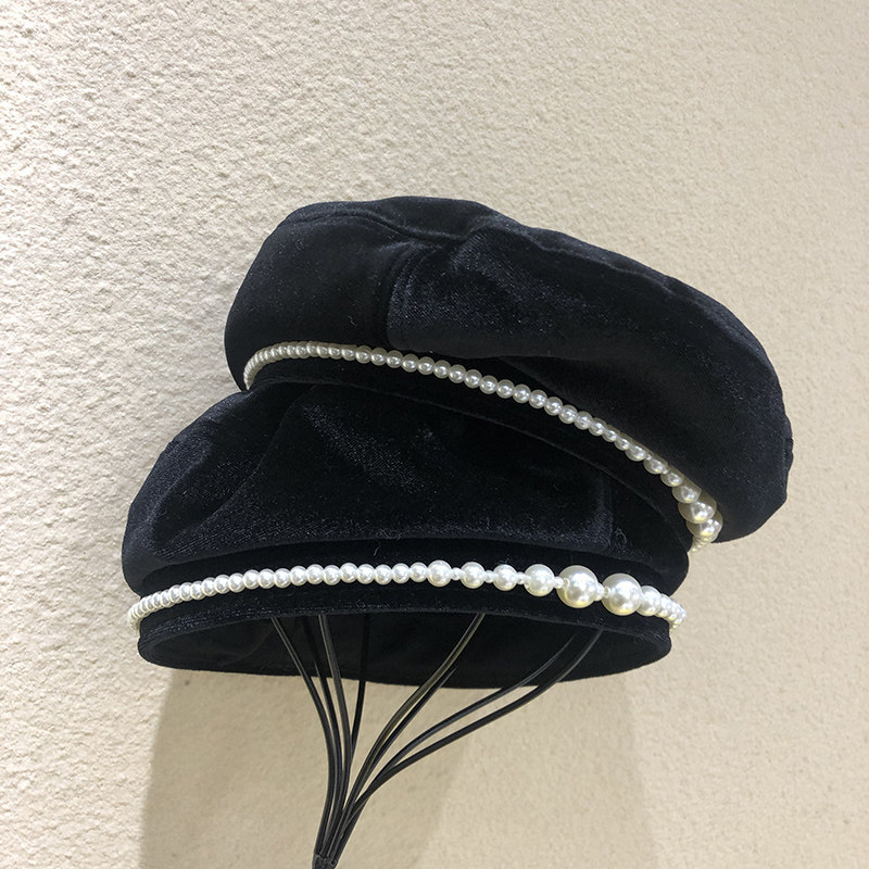 韩国丝绒保暖珍珠贝雷帽子女平顶黑色秋冬冬日帽子