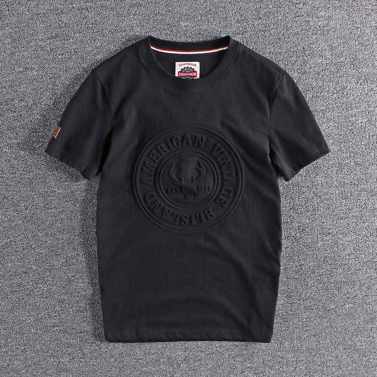 代购香港潮男夏季英伦复古舒适纯棉压印字母图案男士圆领短袖T恤