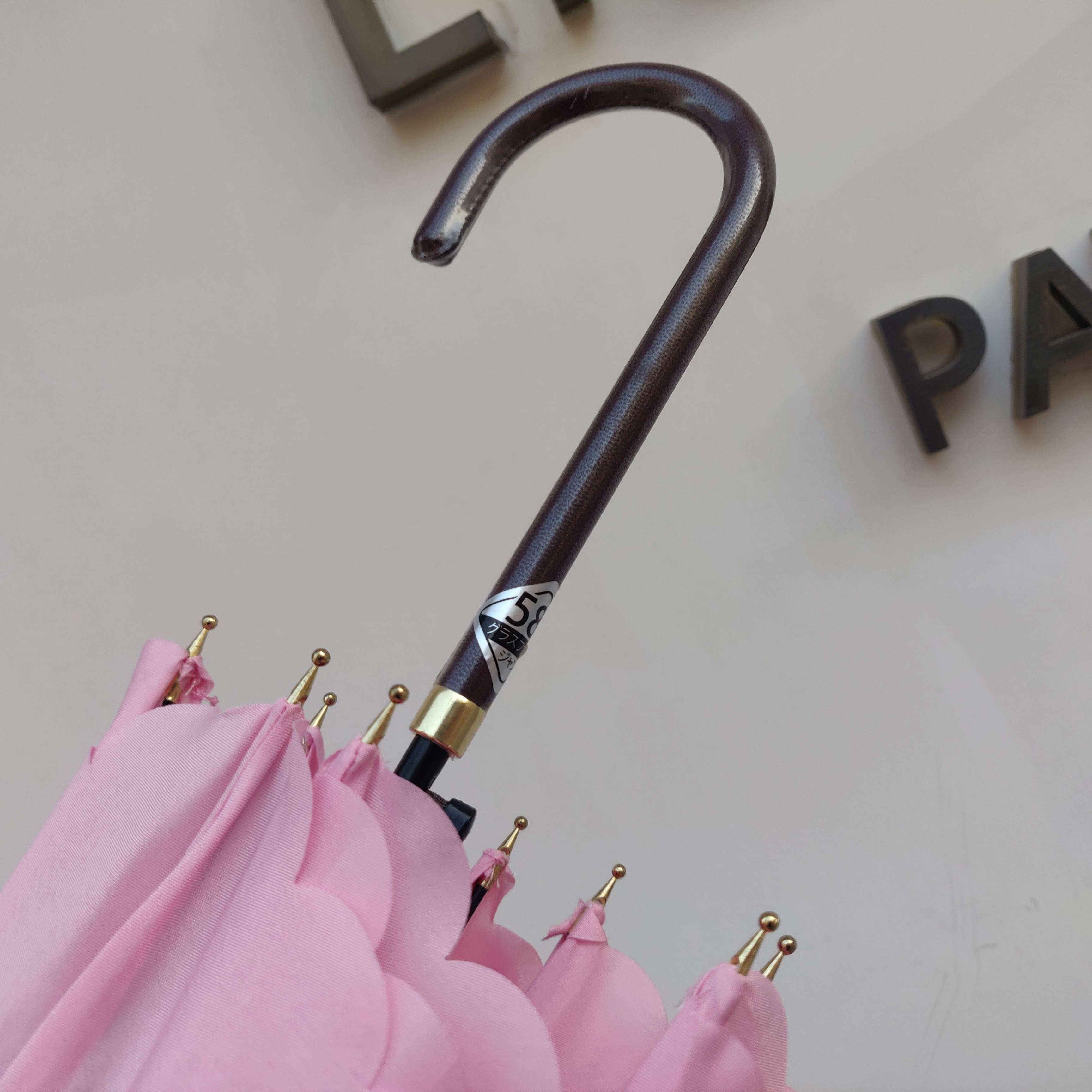 品牌长柄直骨半自动晴雨伞超轻款花边雨伞金属弯钩手柄精致简约