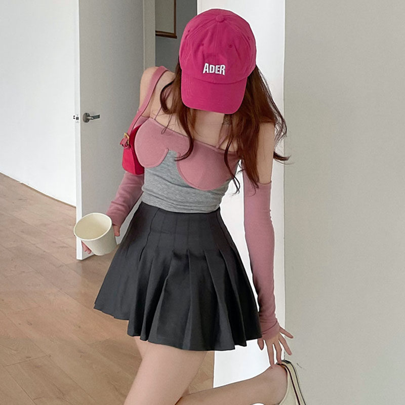 ins露肩两件短裙百褶jk上衣吊带时尚拼色时尚套装