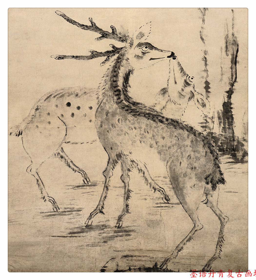 双鹿宣纸复制高清国画松树松树双鹿图山人八大朱耷国画