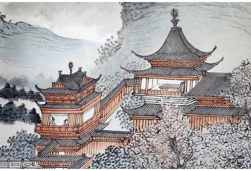 溥儒山水长卷国画工笔水墨楼阁人物画装饰画宣纸国画