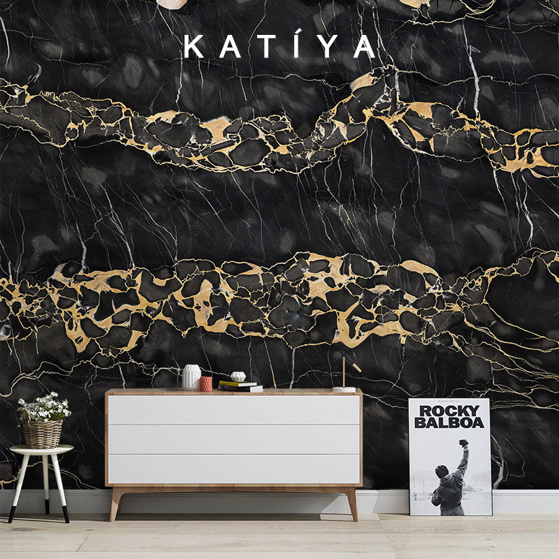 katiya北欧手绘抽象大理石壁画客厅沙发电视背景墙定制壁画