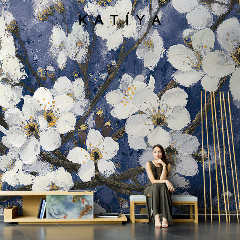 katiya北欧手绘油画复古白色花卉壁画客厅电视定制壁画