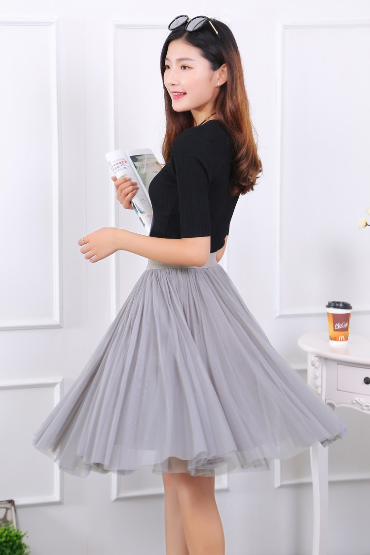 2021半身烟灰中裙高腰蓬蓬大摆中长新纱裙过膝半身裙