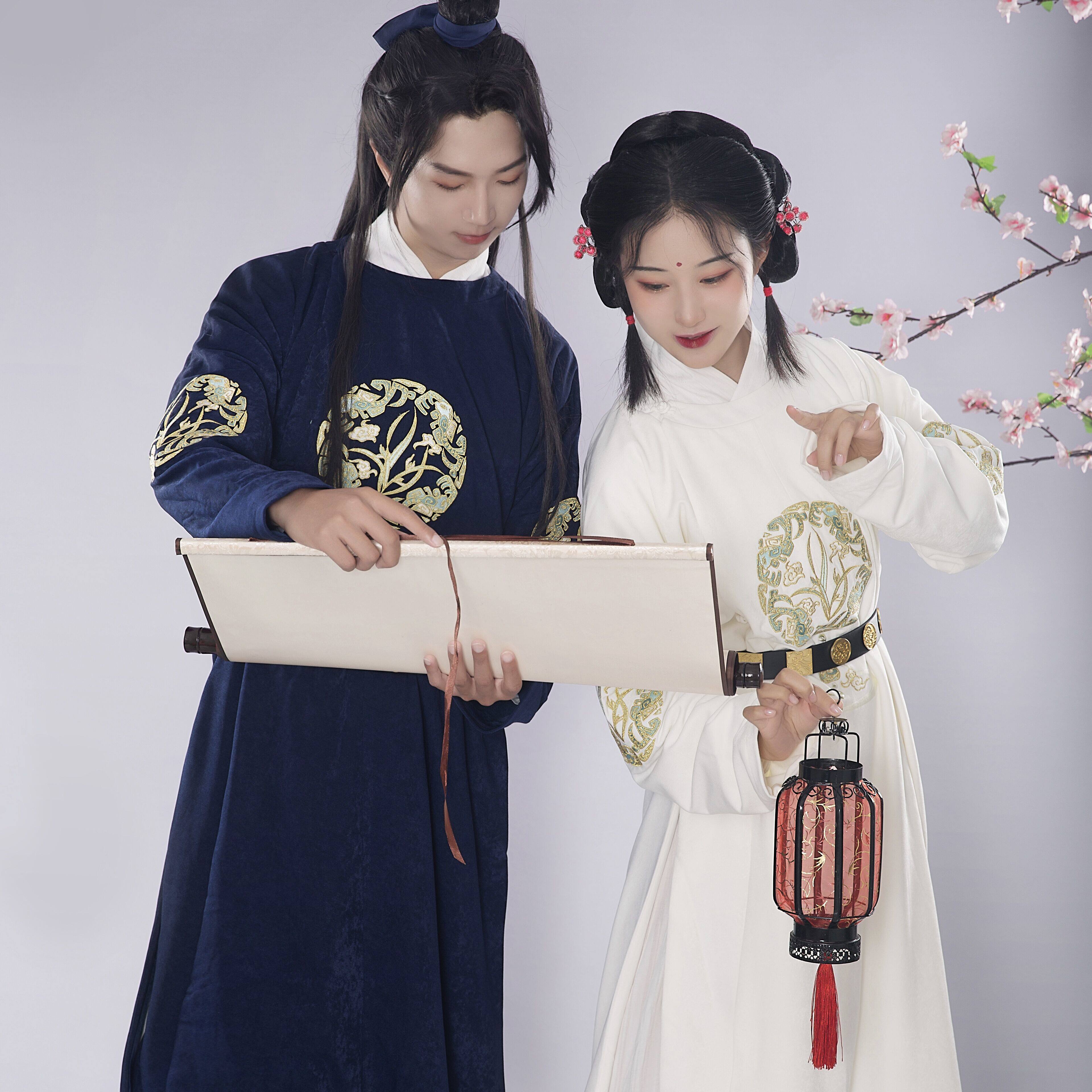 芫兮气质日常绣花白色蓝白情侣女同汉服男女汉服