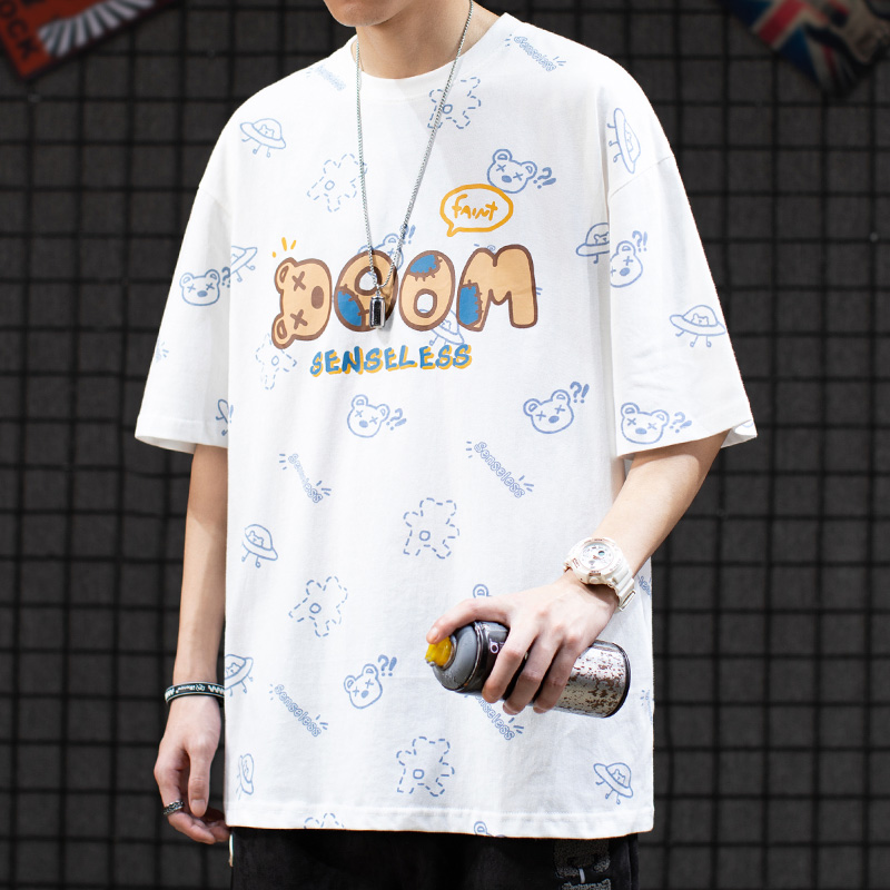 21SS国潮牌INS趣味几何卡通印花纯棉情侣装宽松oversize短袖t恤男