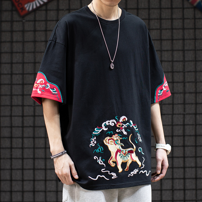 国潮古着风动物刺绣短袖T恤男ins潮中国风情侣纯棉嘻哈半截袖体恤