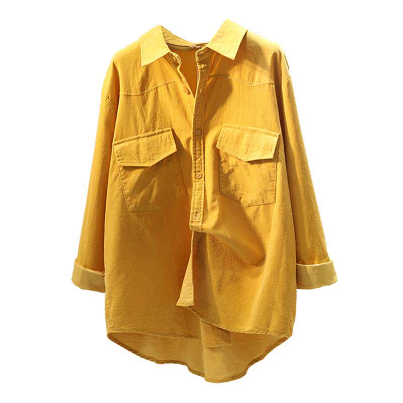 双口袋姜黄色灯芯绒衬衫女2022秋冬新款韩版宽松休闲衬衣短外套潮