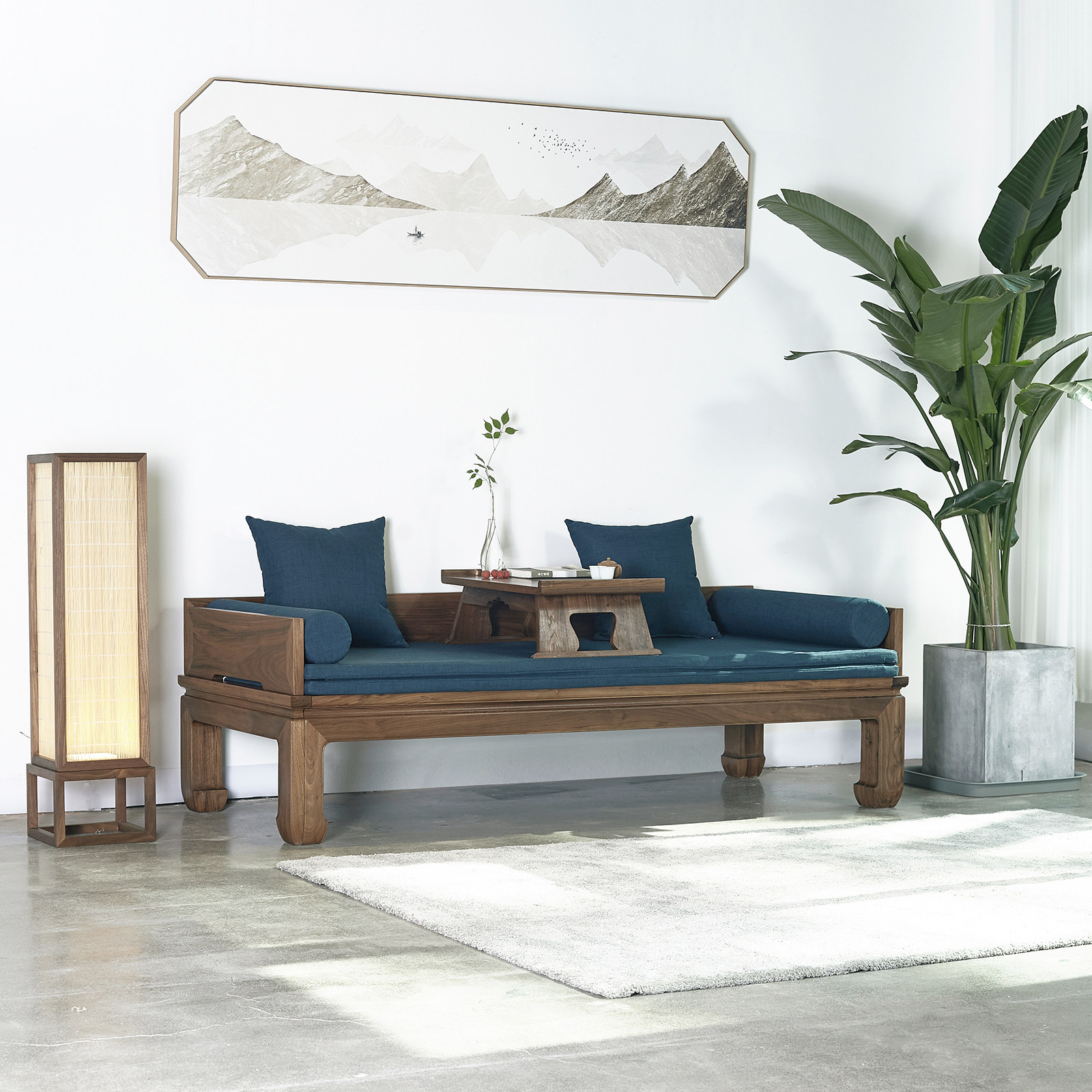 床榻榆木实木罗汉床新中式伸缩推拉禅意胡桃木罗汉床