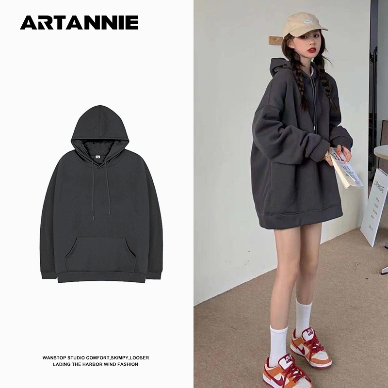 ARTANNIE纯色连帽卫衣男女秋冬加绒加厚潮牌oversize宽松休闲外套