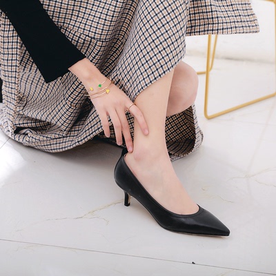裸色软皮3cm尖头单鞋女松紧口不掉跟里外全皮小矮跟鞋3340大小码