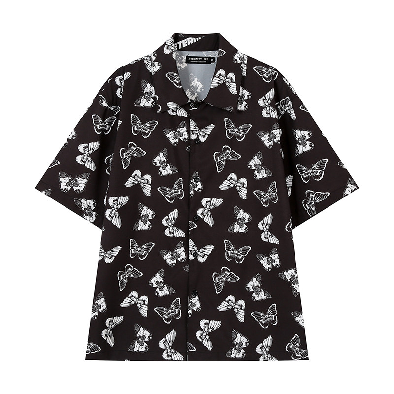 衬衫eternityita21ss蝴蝶满印短袖翻领男女宽松衬衫