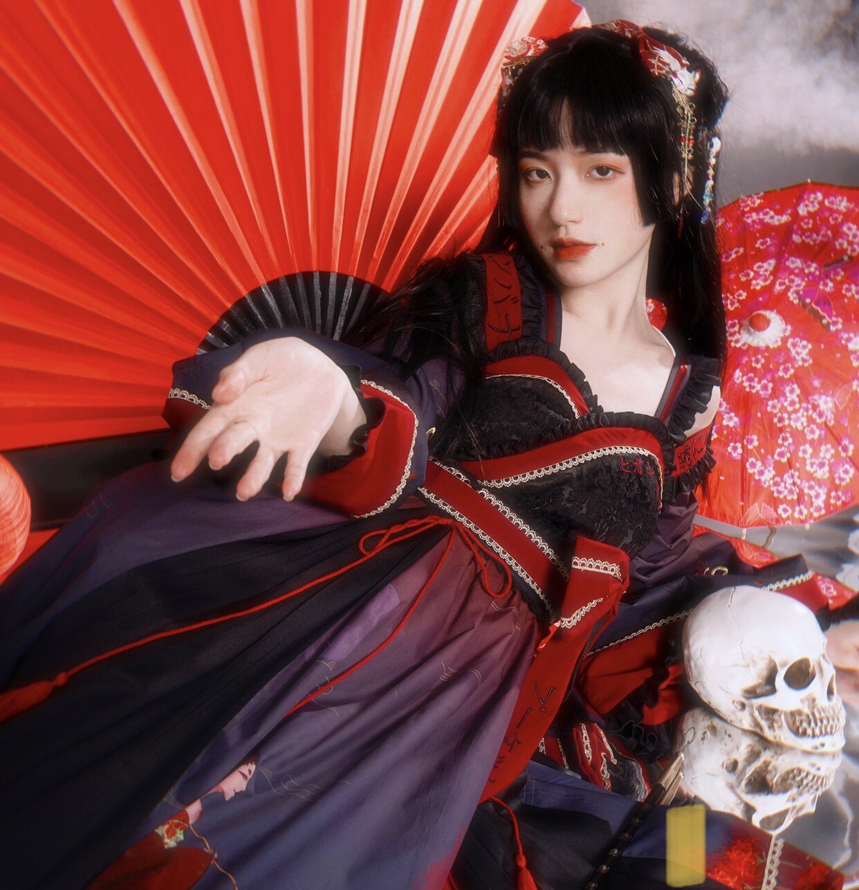 寂月withpuji原创设计大正花魁彼岸花柄图jsk和风连衣裙