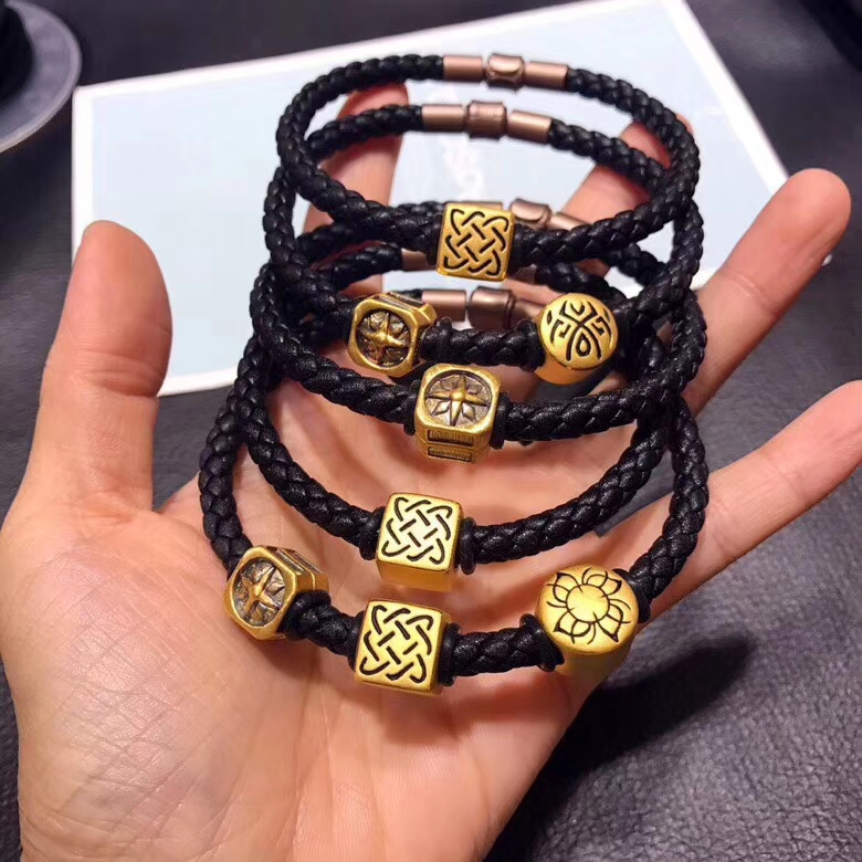 黄金999足金刺青3d硬金路路通转运珠手链守护男女串金珠吊坠皮绳
