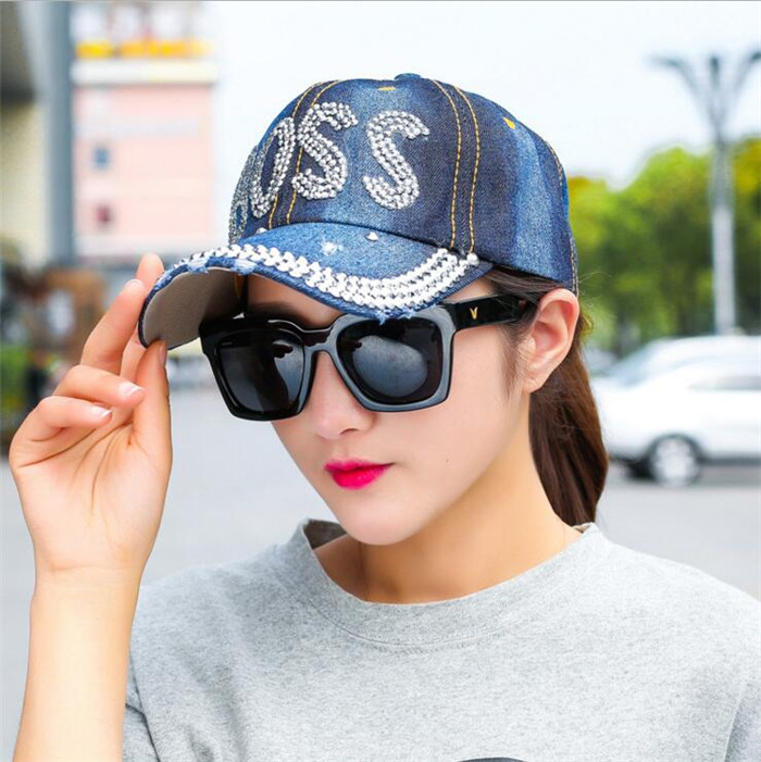 春夏季女士牛仔牛仔帽帽子韩版潮时尚圆顶棒球帽镶钻帽子