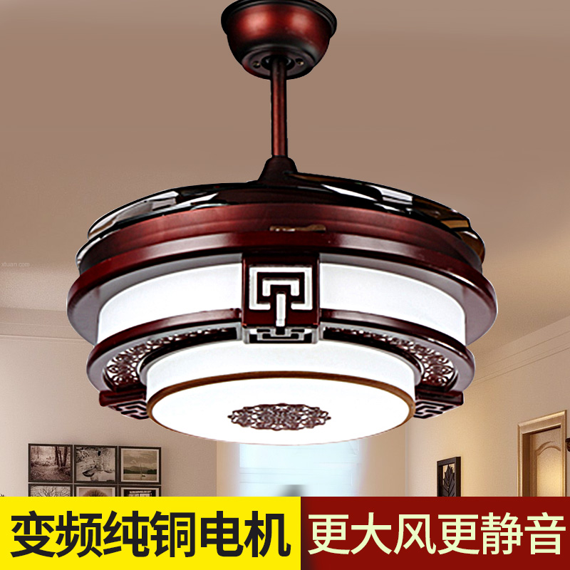 新中式吊扇灯隐形风扇灯复古电风扇吊灯一体餐厅客厅带灯吊扇家用