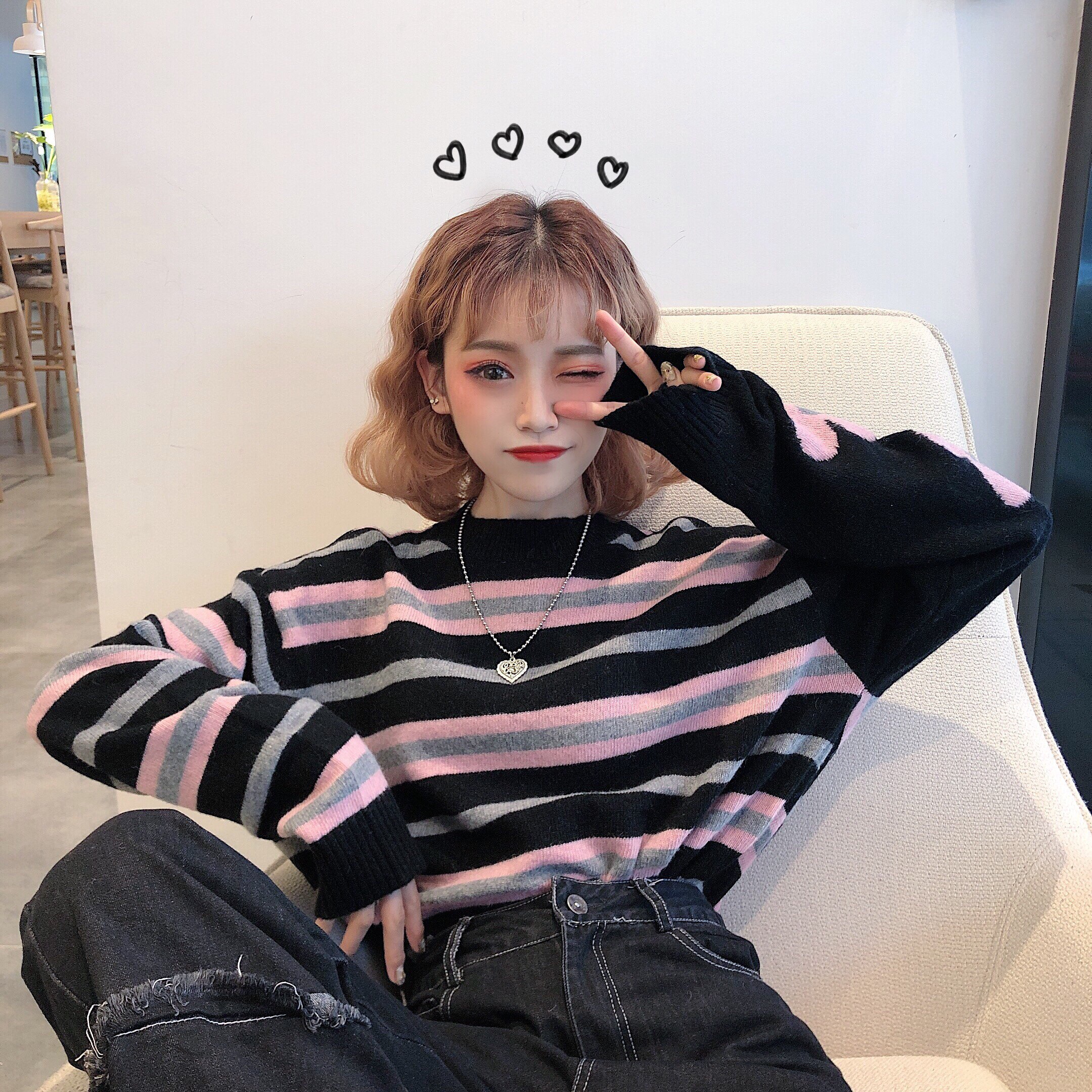 2020春季新款韩版宽松百搭条纹圆领上衣泫雅风套头长袖针织衫女 - 左