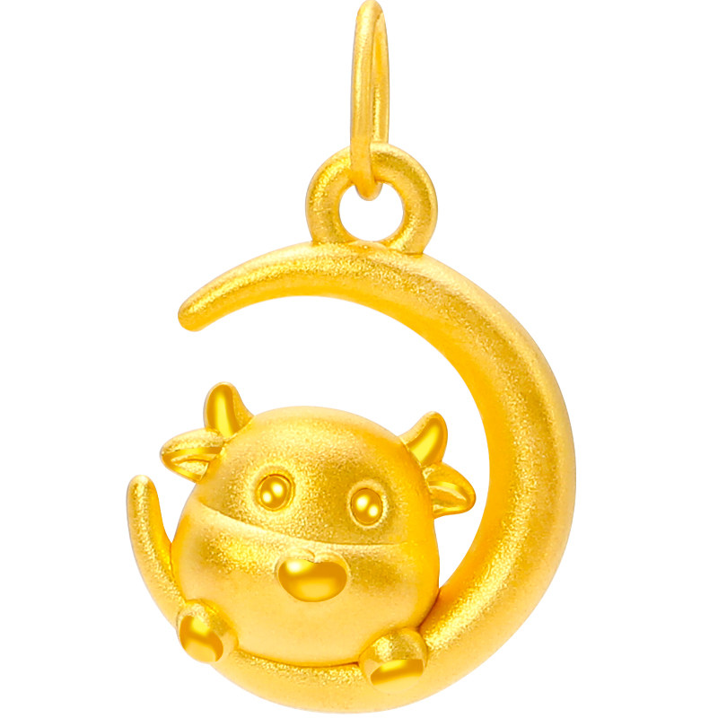 黄金小牛吊坠硬金足金生肖金牛月亮牛星月牛颈饰