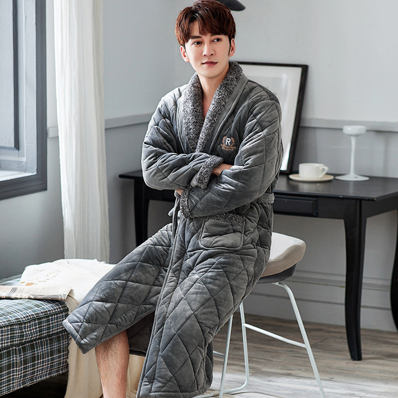 睡袍男士冬季加厚加长款珊瑚绒夹棉加绒三层睡袍