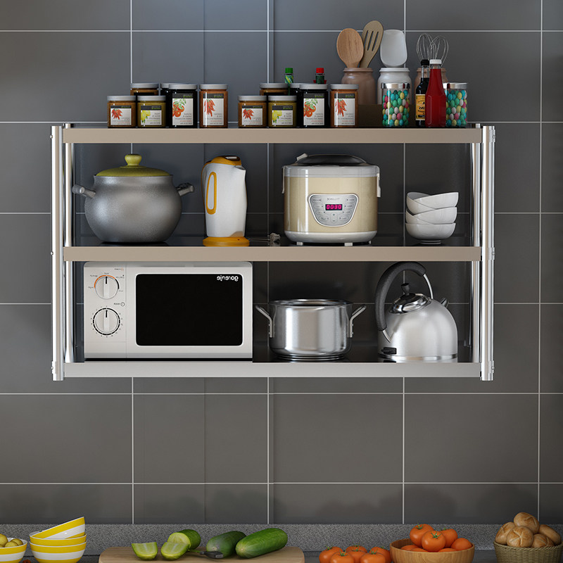 304不锈钢厨房三层挂墙吊架壁挂式收纳置物架微波炉调料上墙架子