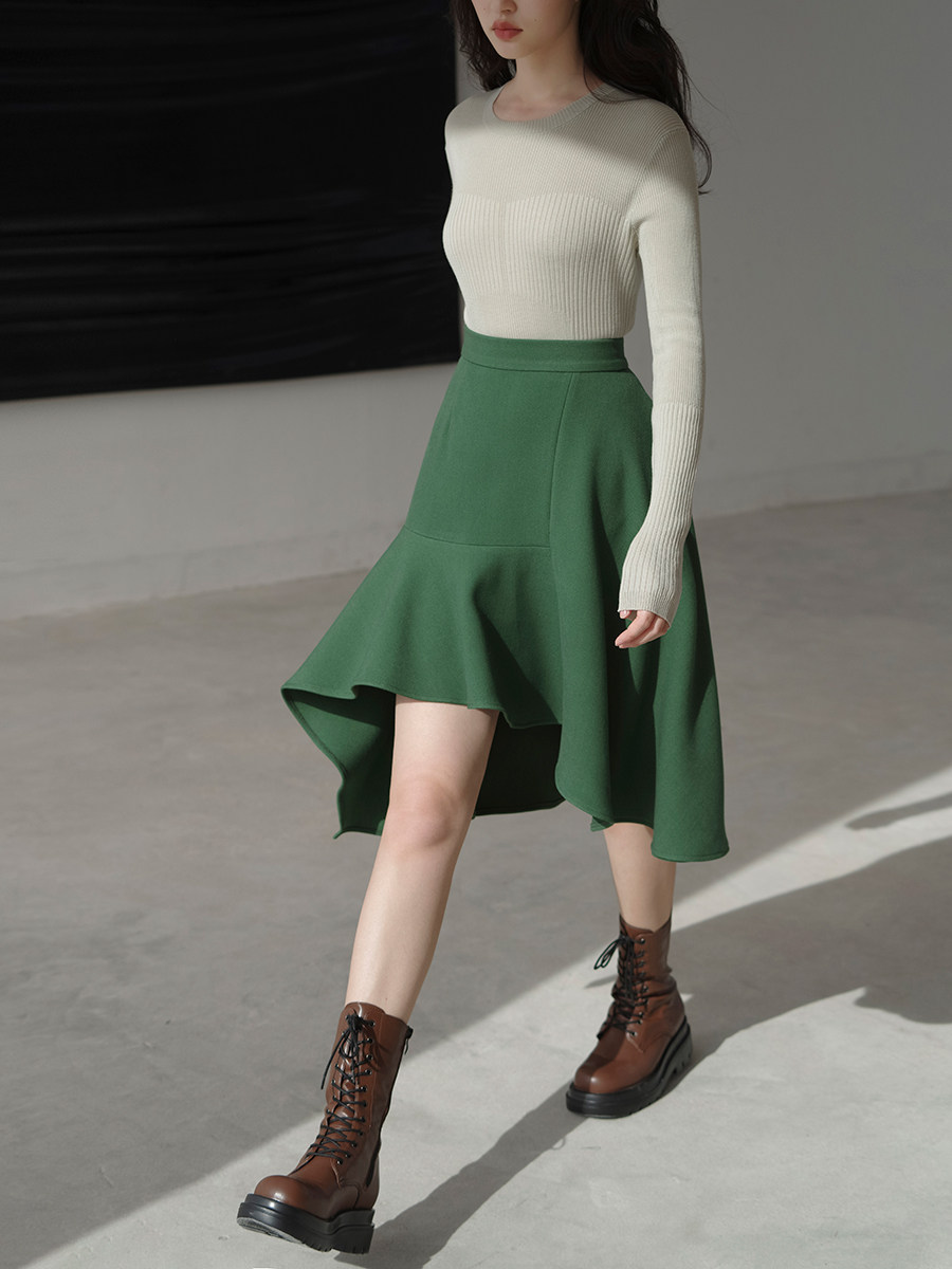 一半基础立裁绿色半裙设计概念不规则鱼尾半身半身裙