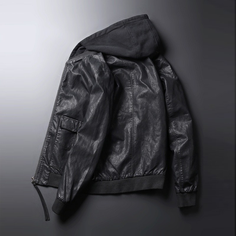 高级感连帽真皮皮衣外套男春秋冬季2022新款加绒潮流棒球领夹克男