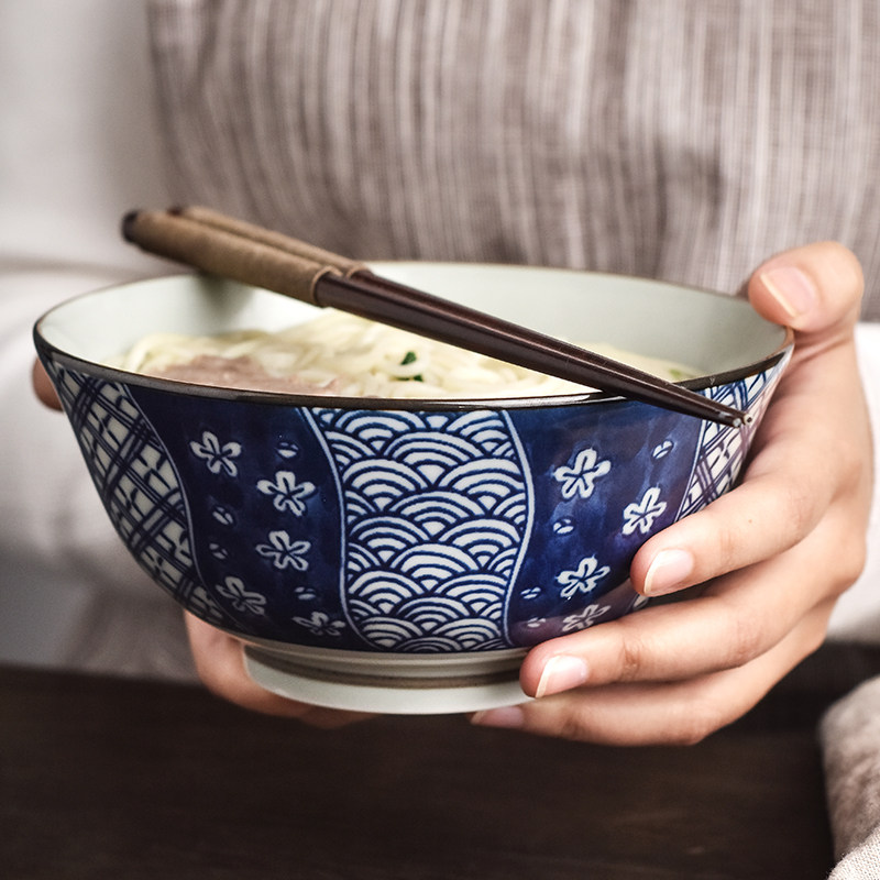日式家用拉面碗日本进口京古染高档彩绘陶瓷中碗大号汤碗蘸面碗