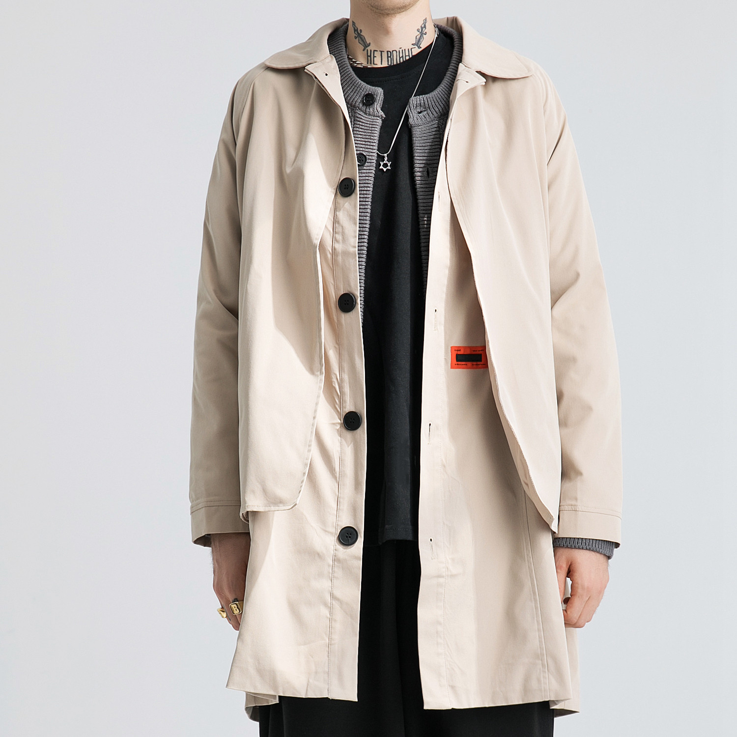 grinch1928gaha中空剪裁巴尔玛肯卡其色中长风衣男士宽松风衣