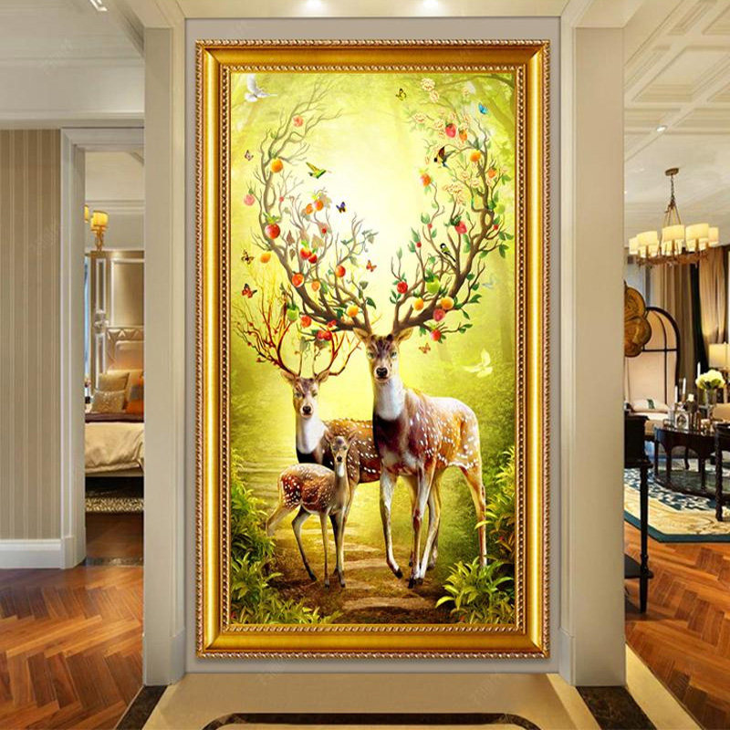 钻石5d画满客厅发财财鹿玄关竖版过道走廊十字绣套件