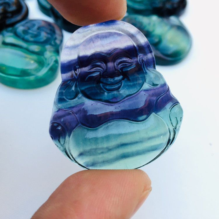 萤石天然大肚fluorite原石雕刻笑佛七彩千层吊坠项坠