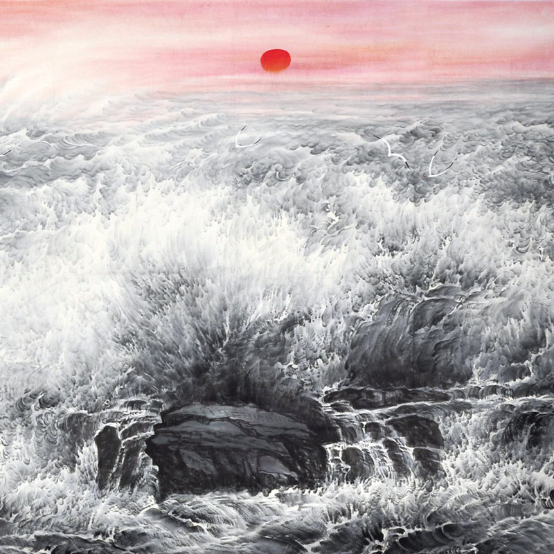 一品品山水手绘海浪国画旭日东升办公室大堂挂画装饰画国画