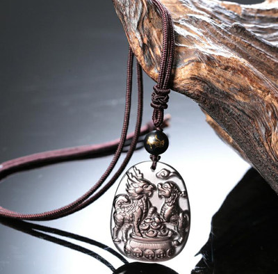 2021年双雄吸财麒麟貔貅黑曜石吊坠催财招财转运钥匙扣