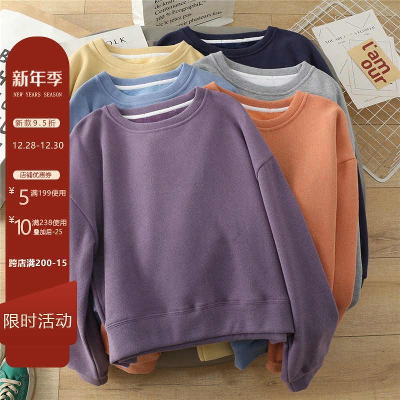 加绒短款套头卫衣女冬新款韩版宽松显瘦圆领休闲加厚保暖无帽上衣