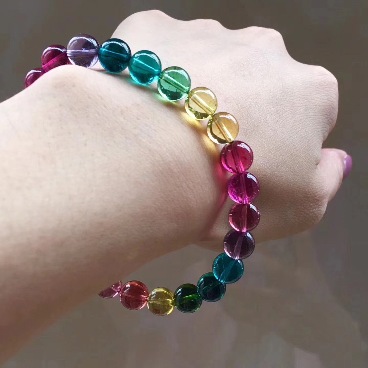 正品巴西天然渐变彩虹碧玺手链单圈女款旺夫石糖果色手串一物一图