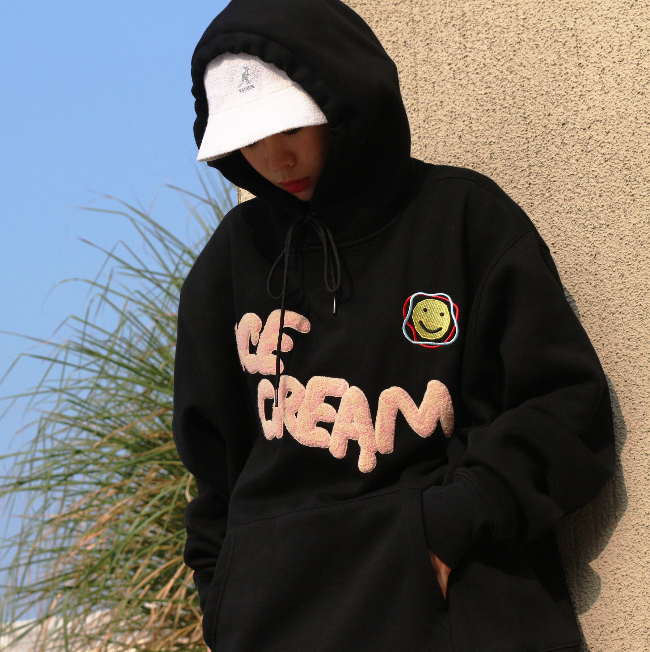 Y+C ICECREAM太阳笑脸刺绣加绒套头重磅卫衣潮牌宽松男女帽衫植绒