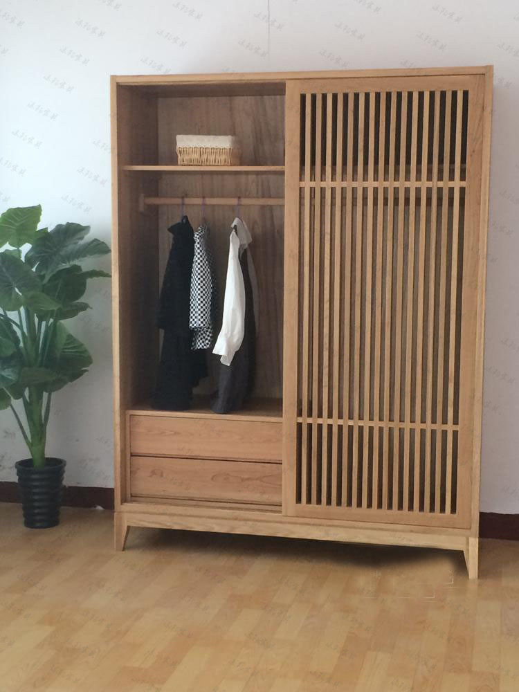 实木橡木衣橱格栅推拉移门衣柜原木卧室现代简约衣柜